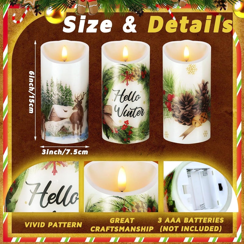 ROCEEI Store 3 Pcs Winter Forest Candles Battery Operated LED Candles Winter Forest Style Pillar Flickering Real Wax Decorations for Indoor Holiday Party Table Decor - Image 2